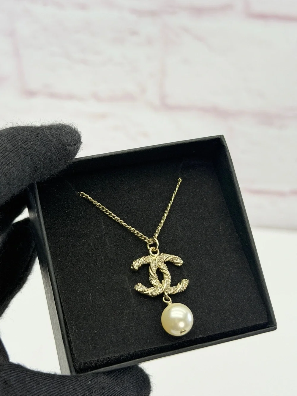 Chanel CC Crystal Pearl Gold Tone Pendant Necklace